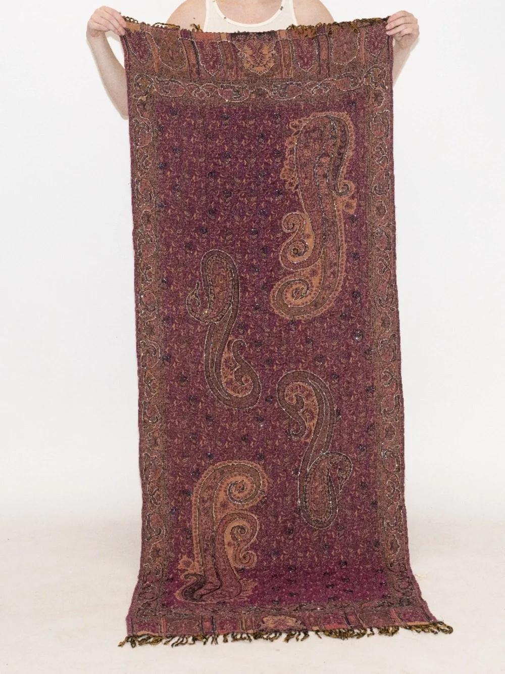 Vintage beaded tapestry purple paisley print woven w/ tassels